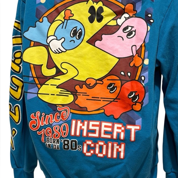 PAC-MAN Vintage Inspired Blue Hoodie Sweatshirt 80s Retro Size Small - Picture 4 of 9